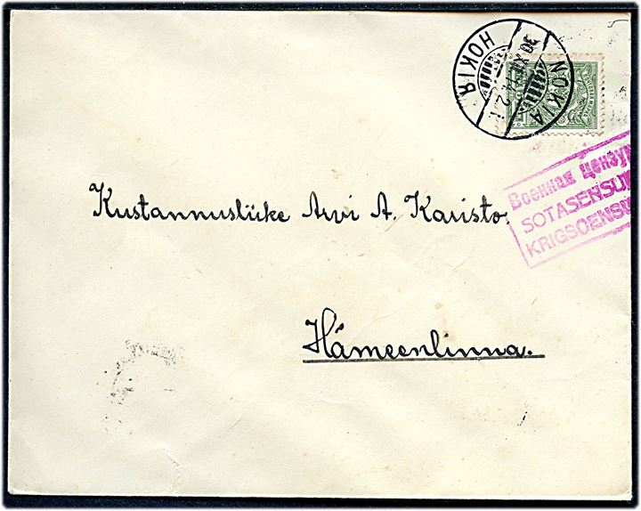 5 pen. Våben på brev fra Nokia d. 30.12.1914 til Hämeenlinna. 3-sproget censurstempel.