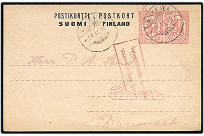 10+10 pen Løve provisorisk helsagsbrevkort annulleret med udslebet stempel i Asikkala d. 28.3.1919 til Struer, Danmark. 2-sproget finsk borgerkrigscensur.