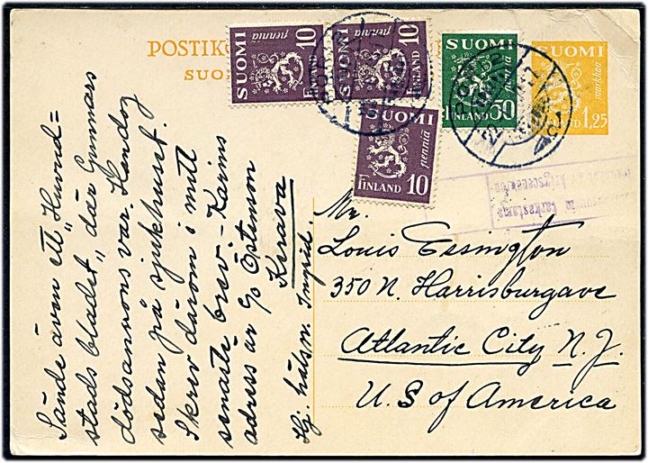 1,25 mk. helsagsbrevkort opfrankeret med 10 pen. (3) og 50 pen. Løve fra Pori d. 22.1.1940 til Atlantic City, USA. Finsk vinterkrigscensur.