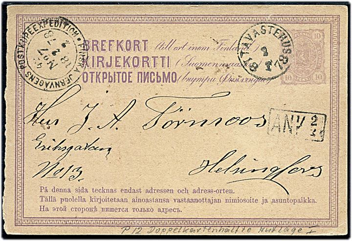 10 pen. spørgedel af dobbelt helsagsbrevkort fra Tavastehus d. 2.2.1878 via bureau Finska Jernvägens Postkupéexpedition No. 7 med stations-nr. 42 d. 2.2.1878 til Helsingfors.