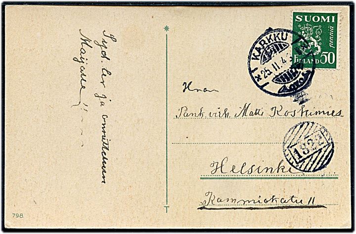 50 pen. Løve på brevkort annulleret Karkku d. 25.2.1943 og sidestemplet med nr.stempel 1322 til Helsinki.