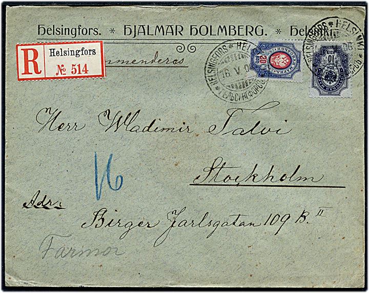 Russisk 10 kop. og 20 kop. Våben på anbefalet brev fra Helsingfors d. 16.5.1906 til Stockholm, Sverige.