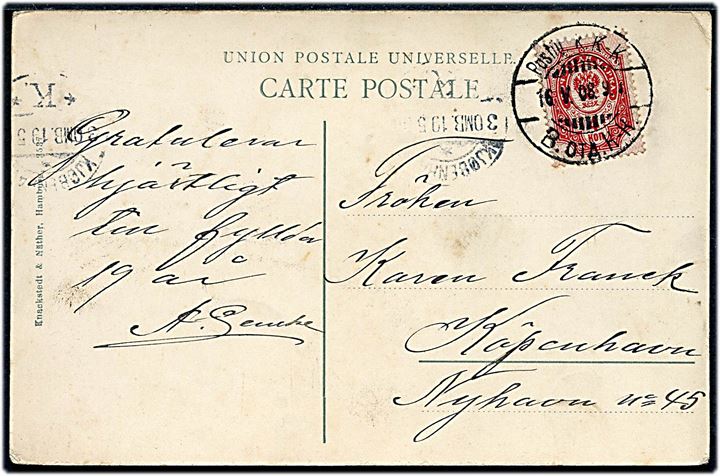 Russisk 4 kop. Våben på brevkort fra Kotka annulleret med 2-sproget bureaustempel Postilj. k. K-K (= Kouvola-Kotka) d. 16.5.1908 til Kjøbenhavn, Danmark.