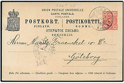 10 pen. helsagsbrevkort fra Hangö annulleret med 2-sproget bureaustempel Postilj. k. H-H (= Hangö-Helsingfors) d. 27.3.1899 til Göteborg, Sverige.