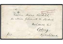 1862. Ufrankeret francobrev fra St. Petersburg d. 26.11.1862 via tyske bureau Königsberg - Bromberg til Coburg i Tyskland. Rødt rammestempel Aus Rusland Franco. Laksegl fjernet.