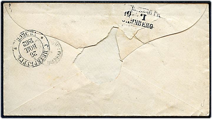 1862. Ufrankeret francobrev fra St. Petersburg d. 26.11.1862 via tyske bureau Königsberg - Bromberg til Coburg i Tyskland. Rødt rammestempel Aus Rusland Franco. Laksegl fjernet.