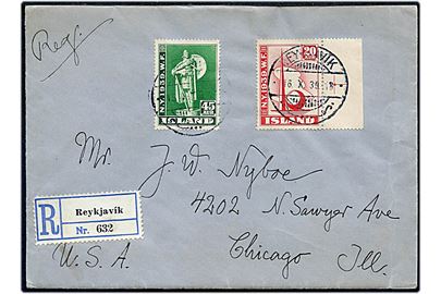 20 aur og 45 aur Verdensudstilling på anbefalet brev fra Reykjavik d. 16.10.1939 via New York til Chicago, USA.