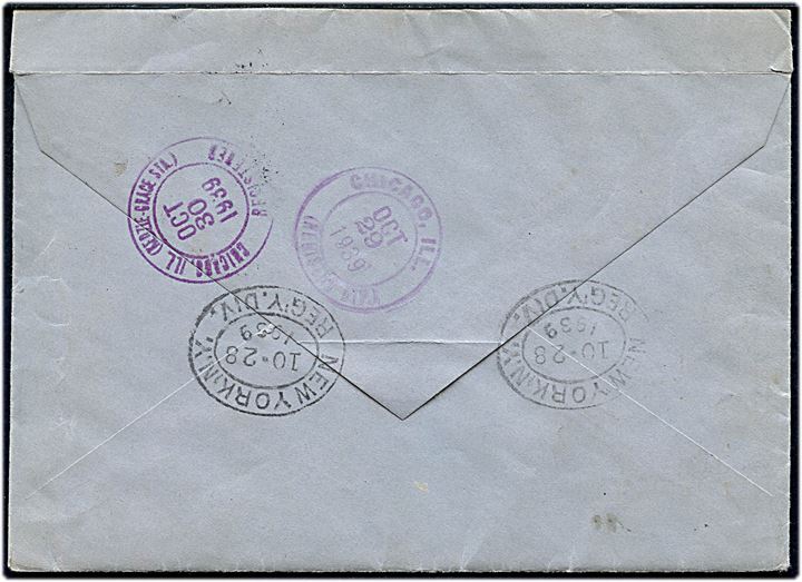 20 aur og 45 aur Verdensudstilling på anbefalet brev fra Reykjavik d. 16.10.1939 via New York til Chicago, USA.