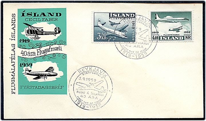 Komplet sæt Flyvning 40 år på uadresseret illustreret FDC fra Reykjavik d. 3.9.1959.