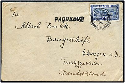 35 aur Landskab på skibsbrev annulleret med britisk stempel i Edinburgh d. 29.7.1929 og sidestemplet Paquebot til Ehingen, Tyskland.