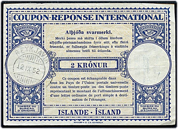 2 kr. International Svarkupon stemplet Reykjavik d. 12.9.1952.