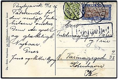 5 aur Chr. X og 10 aur Landskab på brevkort (Austurstræti i Reykjavik) fra Reykjavik d. 28.12.1926 asnnulleret i København d. 2.1.1927 og sidestemplet Paquebot til København.