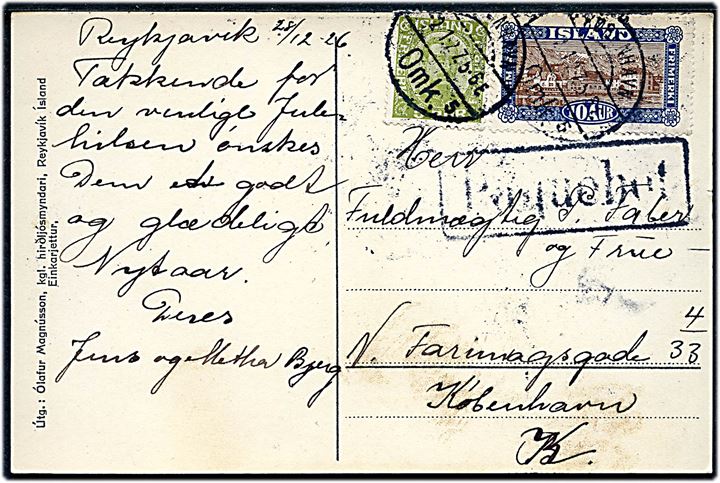 5 aur Chr. X og 10 aur Landskab på brevkort (Austurstræti i Reykjavik) fra Reykjavik d. 28.12.1926 asnnulleret i København d. 2.1.1927 og sidestemplet Paquebot til København.
