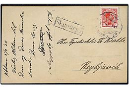 10 øre Chr. X på brevkort fra København d. 5.3.1920 annulleret med islandsk stempel i Reykjavik d. 14.3.1920 og sidestemplet Skipsbrjef til Reykjavik, Island.