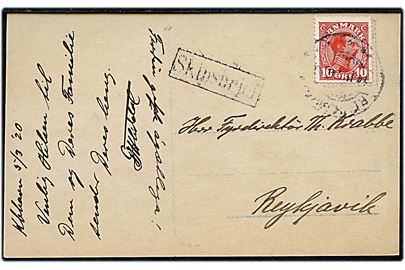 10 øre Chr. X på brevkort fra København d. 5.3.1920 annulleret med islandsk stempel i Reykjavik d. 14.3.1920 og sidestemplet Skipsbrjef til Reykjavik, Island.