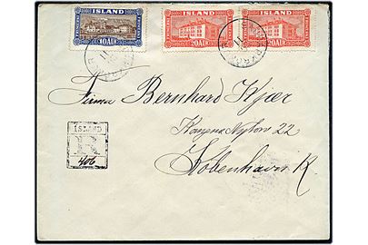 10 aur og 20 aur (par) Landskab på anbefalet brev fra Saudarkrókur d. 30.11.1925 via Akureyri d. 1.12.1925 til København, Danmark.