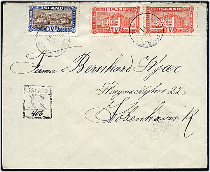 10 aur og 20 aur (par) Landskab på anbefalet brev fra Saudarkrókur d. 30.11.1925 via Akureyri d. 1.12.1925 til København, Danmark.