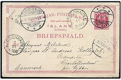 10 aur helsagsbrevkort fra Reykjavik d. 11.10.1896 via Kjøbenhavn d. 2.11.1896 til Charlottenlund, Danmark. Påskrevet Via Leith.