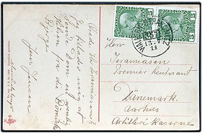 5 h. Franz Joseph i parstykke på brevkort fra Østrig annulleret med bureaustempel Wallern - Strakowitz 357 d. 13.7.1911 til Artillerikasernen i Aarhus, Danmark.