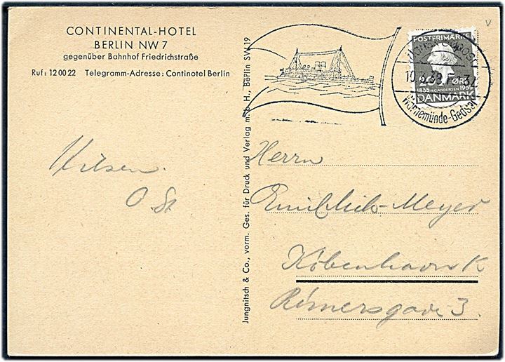 20 øre H. C. Andersen på brevkort fra Berlin annulleret med skibsstempel Dansk Søpost Warnemünde - Gjedser F.132 d. 10.3.1938 til København, Danmark.
