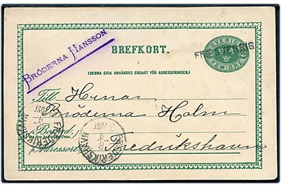 5 öre helsagsbrevkort fra Göteborg annulleret med skibsstempel Fra Sverrig og sidestempel Frederikshavn d. 8.4.1892 til Frederikshavn, Danmark.