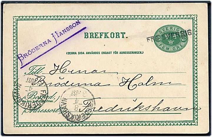 5 öre helsagsbrevkort fra Göteborg annulleret med skibsstempel Fra Sverrig og sidestempel Frederikshavn d. 8.4.1892 til Frederikshavn, Danmark.