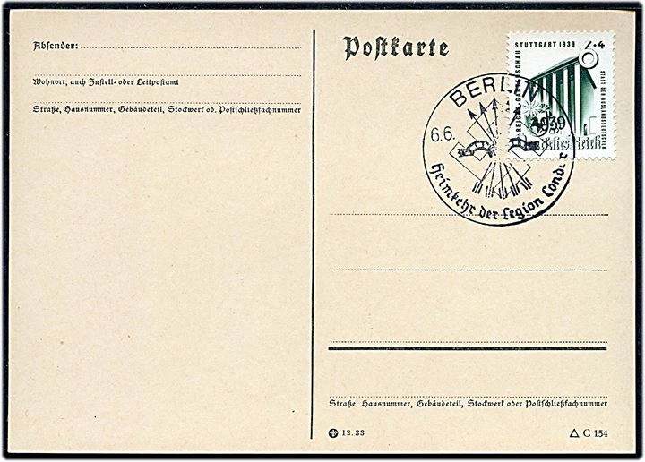 6+4 pfg. på filatelistisk uadresseret brevkort annulleret med særstempel Berlin Heimkehr der Legion Condor d. 6.6.1939.
