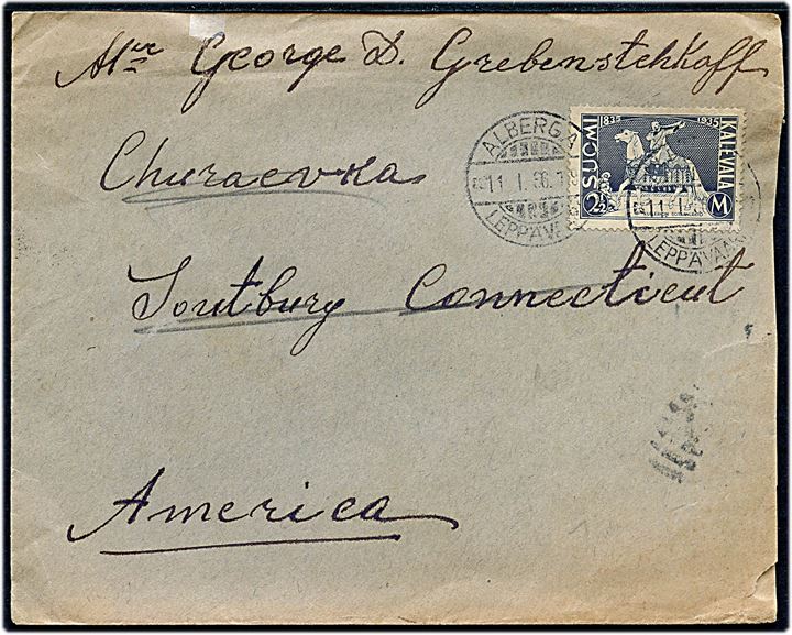2½ mk. Kalevala single på brev fra Alberga d. 11.1.1936 til Southbury, USA. 