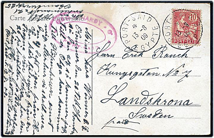 10 c. Port-Said udg. på brevkort stemplet Port-Said Egypte d. 13.8.1909 til Landskrona, Sverige.