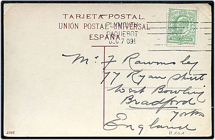 ½d Edward VII på brevkort fra Las Palmas, Kanariske øer annulleret med skibsstempel Plymouth Paquebot d. 7.12.1909 til Bradford, England.