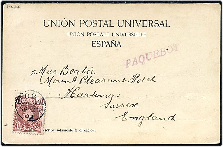 10 cts. på brevkort fra Tenerife sendt fra S/S Bloemfontein og annulleret OR London d. 23.9.1903 og sidestemplet Paquebot til Hastings, England.