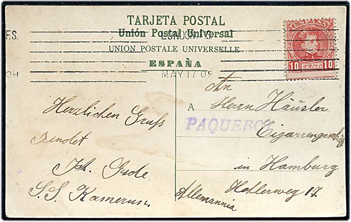 10 c. på brevkort fra Las Palmas, Kanariske øer fra det tyske dampskib S/S Kamerun annulleret med britisk stempel London F.S. d. 17.5.1909 og sidestemplet Paquebot til Hamburg, Tyskland.
