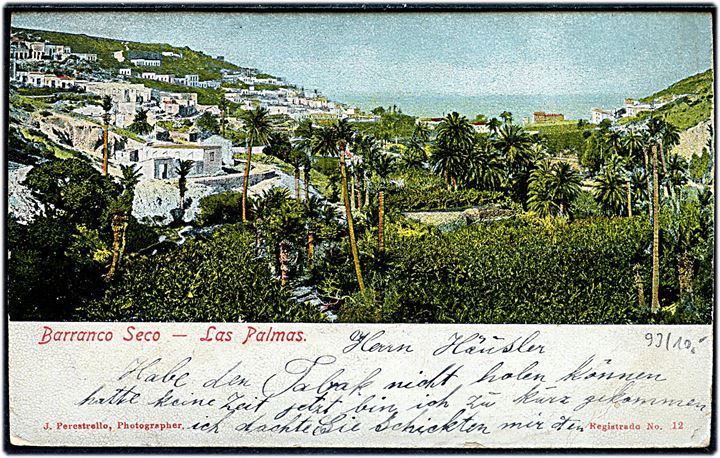 10 c. på brevkort fra Las Palmas, Kanariske øer fra det tyske dampskib S/S Kamerun annulleret med britisk stempel London F.S. d. 17.5.1909 og sidestemplet Paquebot til Hamburg, Tyskland.