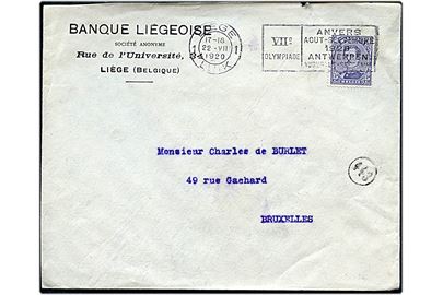 15 c. på brev annulleret med olympiade stempel Liege / VIIe Olympiade / Anvers Aout-Septembre 1920 til Bruxelles, Belgien. Bagklap mgl.
