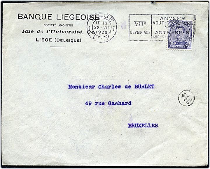 15 c. på brev annulleret med olympiade stempel Liege / VIIe Olympiade / Anvers Aout-Septembre 1920 til Bruxelles, Belgien. Bagklap mgl.
