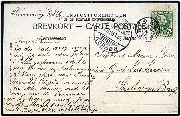 5 øre Chr. IX på brevkort annulleret med stjernestempel KVÆRKEBY og sidestemplet bureau Kjøbenhavn - Korsør T.52 d. 22.8.1906 til Gørslev pr. Borup.