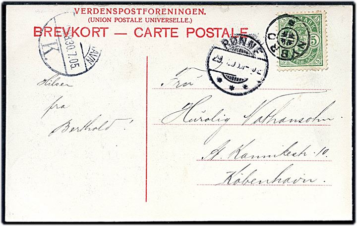 5 øre Våben på brevkort (Bornholm, Svaneke i Storm) annulleret med stjernestempel NYBRO og sidestemplet Rønne d. 29.7.1905 til København.
