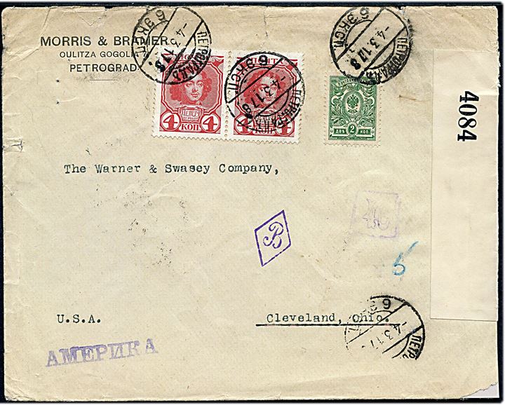 2 kop. Våben og 4 kop. Romanow (par) på brev fra Petrograd d. 4.3.1917 til Cleveland, USA. Passér stemplet ved den russiske censur i Petrograd og åbnet af britisk censur no. 4084.