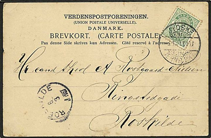 5 øre Våben på brevkort fra Aalborg annulleret med reserve bureaustempel Jydske Jernb. Pkt. T. 163 d. 6.3.1904 til Roskilde. Sjældent reserve stempel. Tidl. registrerede dato jf. Hovard.