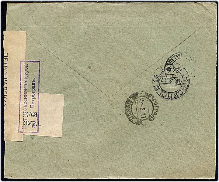 10/7 kop. Provisorium på brev fra Petrograd d. 31.1.1917 til Stockholm, Sverige. Åbnet af russisk censur i Petrograd.