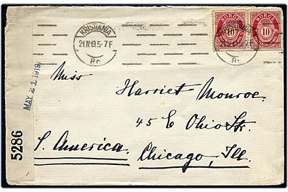 10 øre Posthorn i parstykke på brev fra Kristiania d. 21.4.1919 til Chicago, USA. Åbnet af britisk censur no. 5286. Bagklap mgl.