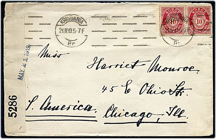 10 øre Posthorn i parstykke på brev fra Kristiania d. 21.4.1919 til Chicago, USA. Åbnet af britisk censur no. 5286. Bagklap mgl.