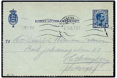 20 øre Chr. X helsags korrespondancekort (fabr. 34-H) fra København d. 8.11.1920 til Helsingborg, Sverige.