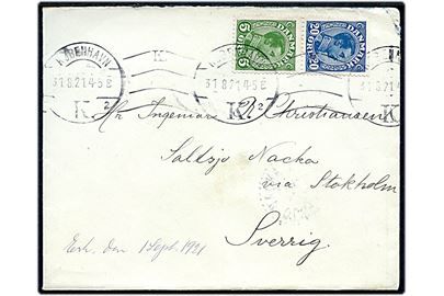 20 øre og 5 øre Chr. X automatsammentryk med tydelig automatafskæring på brev fra København d. 31.8.1921 til Saltsjö-Nacka ved Stockholm, Sverige.