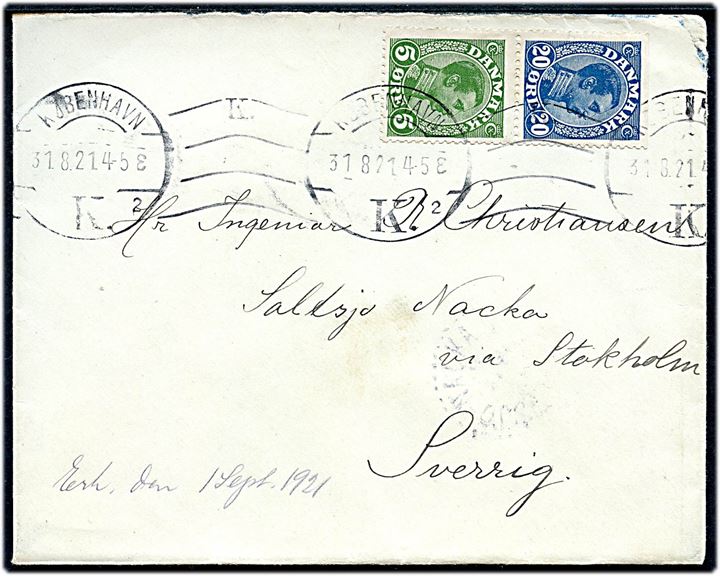 20 øre og 5 øre Chr. X automatsammentryk med tydelig automatafskæring på brev fra København d. 31.8.1921 til Saltsjö-Nacka ved Stockholm, Sverige.