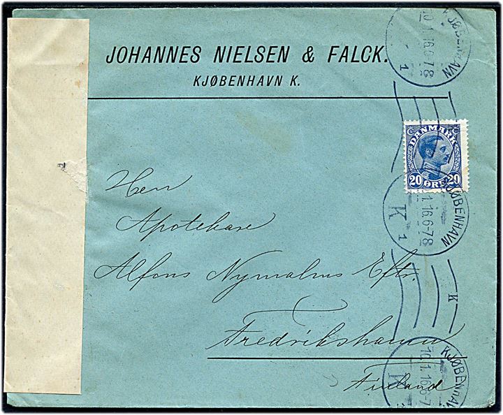 20 øre Chr. X på brev fra Kjøbenhavn d. 10.1.1916 til Frederikshamn, Finland. Åbnet af russisk censur i Helsingfors.