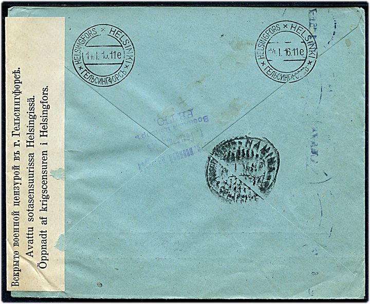 20 øre Chr. X på brev fra Kjøbenhavn d. 10.1.1916 til Frederikshamn, Finland. Åbnet af russisk censur i Helsingfors.