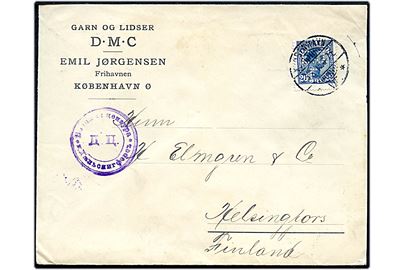 20 øre Chr. X med perfin E.J.F. på fortrykt kuvert fra firma D.M.C. ved Emil Jørgensen Frihavnen i Kjøbenhavn d. 5.7.1915 til Helsingfors, Finland. Passérstemplet ved den russiske censur i Helsingfors.