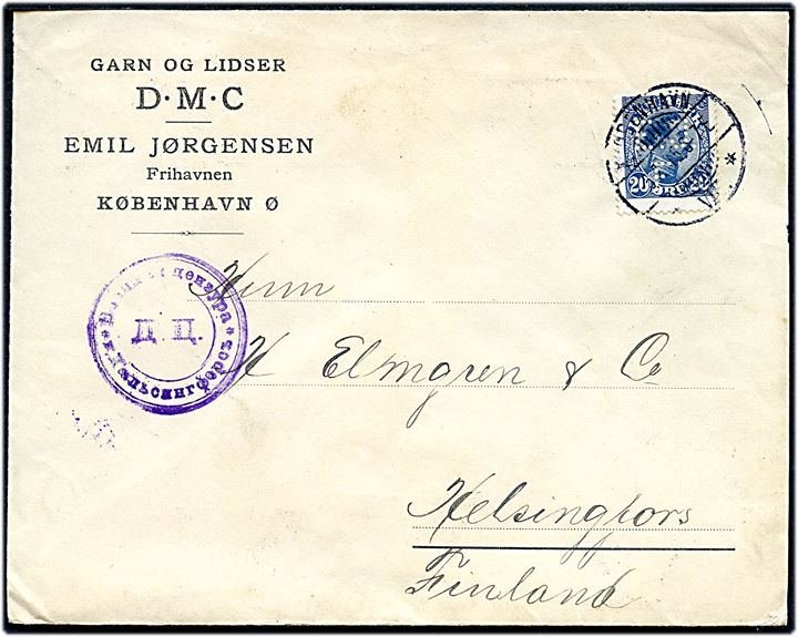 20 øre Chr. X med perfin E.J.F. på fortrykt kuvert fra firma D.M.C. ved Emil Jørgensen Frihavnen i Kjøbenhavn d. 5.7.1915 til Helsingfors, Finland. Passérstemplet ved den russiske censur i Helsingfors.