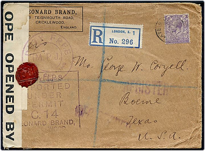 3d George V single på anbefalet brev fra London d. 2.8.1917 til Texas, USA. Frimærkeforsendelse med permit stempel C. 14 og på bagsiden violet sorteringsstempel 22/7. Åbnet af britisk censur no. 3347 og laksegls-censur P.C..